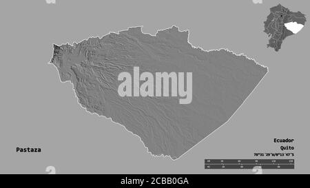 Form von Pastaza, Provinz von Ecuador, mit seiner Hauptstadt auf festem Hintergrund isoliert. Entfernungsskala, Regionenvorschau und Beschriftungen. Höhenkarte mit zwei Ebenen Stockfoto