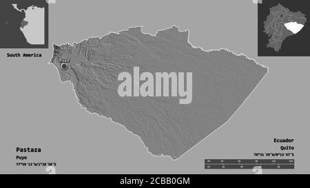 Form von Pastaza, Provinz von Ecuador, und seine Hauptstadt. Entfernungsskala, Vorschauen und Beschriftungen. Höhenkarte mit zwei Ebenen. 3D-Rendering Stockfoto