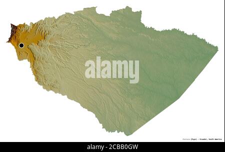 Form von Pastaza, Provinz von Ecuador, mit seiner Hauptstadt isoliert auf weißem Hintergrund. Topografische Reliefkarte. 3D-Rendering Stockfoto