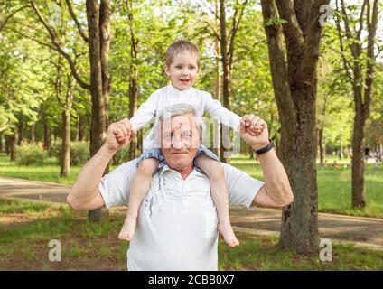 Älterer Mann mit einem Kleinkind Junge, der Zeit in der Natur verbringt Im Sommer Stockfoto