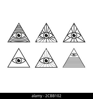 Auge in Dreieck gesetzt. Alle sehen Augen Pyramide Sammlung. Illuminati Maurer Symbol isoliert Vektor Illustration Stock Vektor