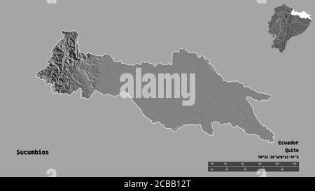 Form von Sucumbios, Provinz von Ecuador, mit seiner Hauptstadt auf festem Hintergrund isoliert. Entfernungsskala, Regionenvorschau und Beschriftungen. Höhe der Bilevel m Stockfoto