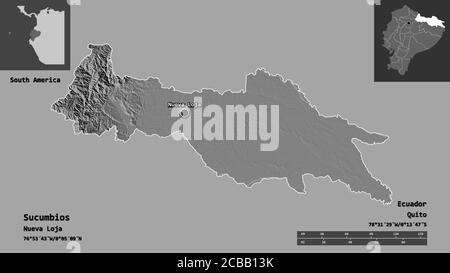 Form von Sucumbios, Provinz von Ecuador, und seine Hauptstadt. Entfernungsskala, Vorschauen und Beschriftungen. Höhenkarte mit zwei Ebenen. 3D-Rendering Stockfoto