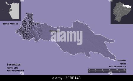 Form von Sucumbios, Provinz von Ecuador, und seine Hauptstadt. Entfernungsskala, Vorschauen und Beschriftungen. Farbige Höhenkarte. 3D-Rendering Stockfoto