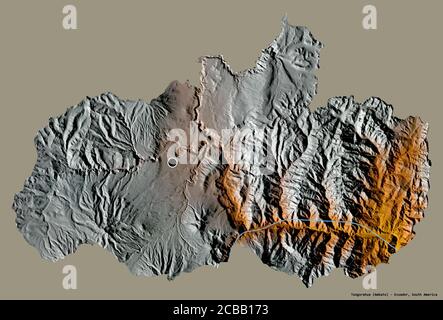 Form von Tungurahua, Provinz Ecuador, mit seiner Hauptstadt isoliert auf einem einfarbigen Hintergrund. Topografische Reliefkarte. 3D-Rendering Stockfoto