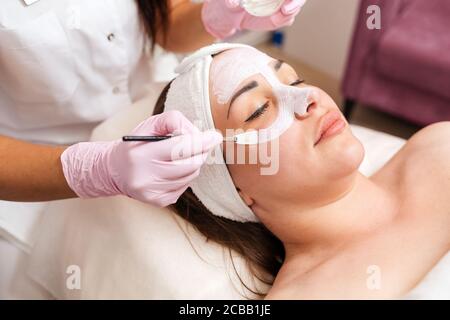 Der Kosmetologe in medizinischen Handschuhen hält eine Schale mit Kosmetika, die Anwendung einer Bürstenmaske auf das Gesicht des Kunden. Konzept der professionellen Kosmetologie. Stockfoto