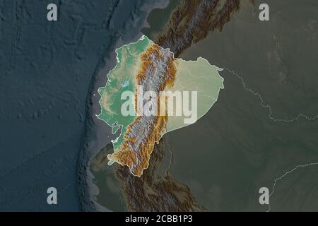 Form von Ecuador durch die Entsättigung der benachbarten Gebiete getrennt. Rahmen. Topografische Reliefkarte. 3D-Rendering Stockfoto