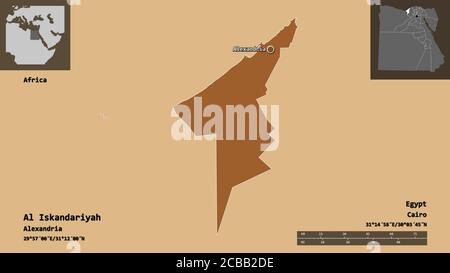 Form von Al Iskandariyah, Gouvernement von Ägypten, und seine Hauptstadt. Entfernungsskala, Vorschauen und Beschriftungen. Komposition von gemusterten Texturen. 3D-Rendering Stockfoto