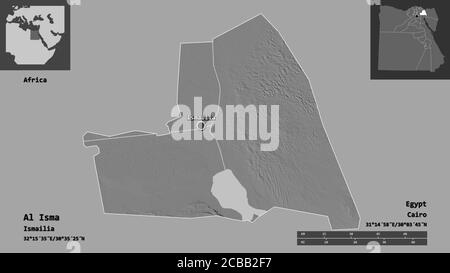 Form von Al Isma, Gouvernement von Ägypten, und seine Hauptstadt. Entfernungsskala, Vorschauen und Beschriftungen. Höhenkarte mit zwei Ebenen. 3D-Rendering Stockfoto