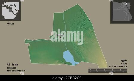 Form von Al Isma, Gouvernement von Ägypten, und seine Hauptstadt. Entfernungsskala, Vorschauen und Beschriftungen. Topografische Reliefkarte. 3D-Rendering Stockfoto