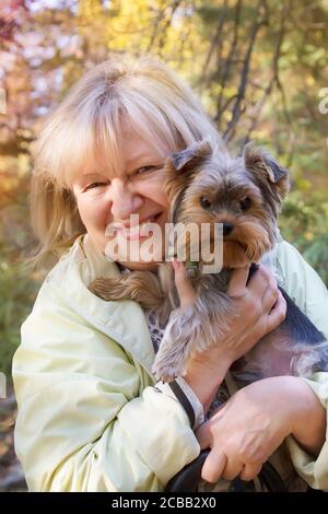 Schöne lächelnde Frau mittleren Alters hält ihr Haustier Yorkshire Terrier und Spaziergang im Herbst Park. Stockfoto