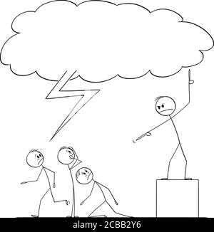Vektor Cartoon Stick Figur Zeichnung konzeptionelle Illustration der Apokalypse, Höllenfeuer und Brimstone Prediger predigen Gruppe von Menschen über die Hölle und Sünde mit Sturm Wolke oben. Stock Vektor