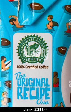 Rainforest Alliance Certified 100% zertifizierten Kaffee Detail auf Karton von Jimmys Iced Coffee Caffe Latte Original Drink - das Original Rezept One Stockfoto