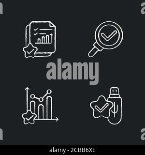 Datenforschung chemarks Kreide weiße Symbole auf schwarzem Hintergrund gesetzt. Informationsbestätigung im Buchhaltungsdokument. Umfrage mit Ticks. Qualitätsratte Stock Vektor