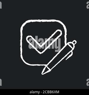 Umfrage Check Kreide weißes Symbol auf schwarzem Hintergrund. Aktivieren Sie das Kontrollkästchen. Wählen Sie die Option in der Umfrage. Umfrage. Bestätigung der Anfrage. Aufgabe abgeschlossen. Iso Stock Vektor