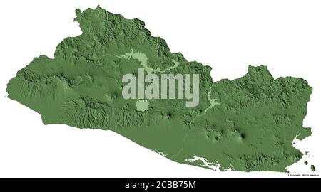 Form von El Salvador mit seiner Hauptstadt isoliert auf weißem Hintergrund. Farbige Höhenkarte. 3D-Rendering Stockfoto