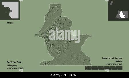 Form des Centro Sur, Provinz Äquatorialguinea, und seiner Hauptstadt. Entfernungsskala, Vorschauen und Beschriftungen. Farbige Höhenkarte. 3D-Rendering Stockfoto