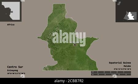 Form des Centro Sur, Provinz Äquatorialguinea, und seiner Hauptstadt. Entfernungsskala, Vorschauen und Beschriftungen. Satellitenbilder. 3D-Rendering Stockfoto