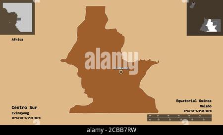 Form des Centro Sur, Provinz Äquatorialguinea, und seiner Hauptstadt. Entfernungsskala, Vorschauen und Beschriftungen. Komposition von gemusterten Texturen. 3D-Rendering Stockfoto