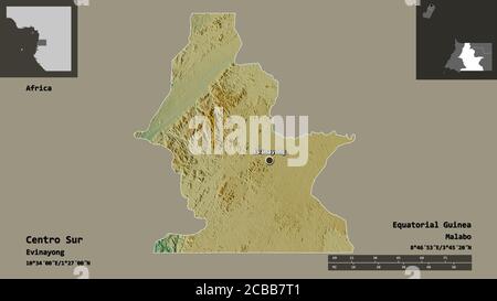 Form des Centro Sur, Provinz Äquatorialguinea, und seiner Hauptstadt. Entfernungsskala, Vorschauen und Beschriftungen. Topografische Reliefkarte. 3D-Rendering Stockfoto