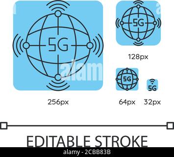 5G-Funktechnologie blaue lineare Symbole gesetzt. Globaler Standard. Cloud-Computing. Dünne Linien anpassbare Vektorgrafiken mit 256, 128, 64 und 32 px. Co Stock Vektor