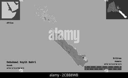 Form von Debubawi Keyih Bahri, Region Eritrea, und seine Hauptstadt. Entfernungsskala, Vorschauen und Beschriftungen. Höhenkarte mit zwei Ebenen. 3D-Rendering Stockfoto