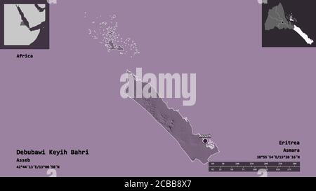 Form von Debubawi Keyih Bahri, Region Eritrea, und seine Hauptstadt. Entfernungsskala, Vorschauen und Beschriftungen. Farbige Höhenkarte. 3D-Rendering Stockfoto