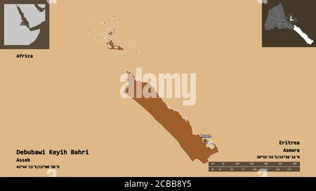 Form von Debubawi Keyih Bahri, Region Eritrea, und seine Hauptstadt. Entfernungsskala, Vorschauen und Beschriftungen. Komposition von gemusterten Texturen. 3D-Renderin Stockfoto