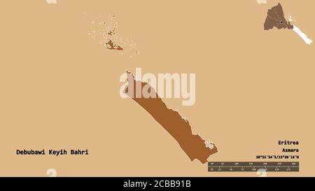 Form von Debubawi Keyih Bahri, Region Eritrea, mit seiner Hauptstadt isoliert auf festem Hintergrund. Entfernungsskala, Regionenvorschau und Beschriftungen. Compositio Stockfoto