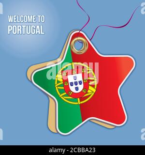 Willkommen in Portugal, Flagge Portugals, Reise in die Portugiesische Republik. Label Preisschild in Form eines Papiersternes. Stock Vektor