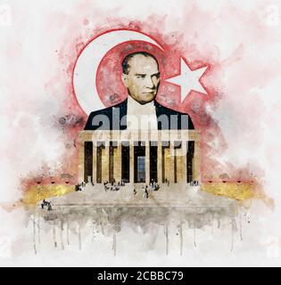 Aquarell Illustration von Mustafa Kemal Ataturk hinter Anitkabir Mausoleum mit türkische Flagge auf dem Hintergrund Stockfoto