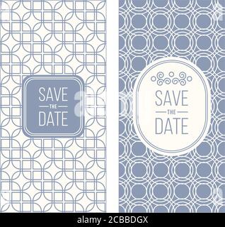 Zwei Retro Hochzeit Einladungsvorlagen - abstrakt geometrisch gemusterten Hintergrund und geometrischen Rahmen. Monoline-Style. Vektorgrafik. Blasser Retro-Look Stock Vektor