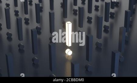 Ausrufezeichen mit einem leuchtenden in der Mitte in isometrisch isoliert auf dunklem Hintergrund. Idee oder Problem, Antwort, FAQ Konzept. 3D-Rendering Stockfoto
