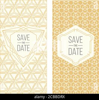 Zwei Retro Hochzeit Einladungsvorlagen - abstrakt geometrisch gemusterten Hintergrund und geometrischen Rahmen. Monoline-Style. Vektorgrafik. Blasser Retro-Look Stock Vektor