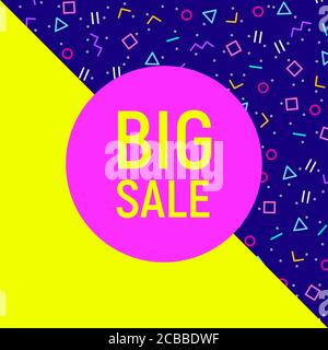 Abstract großes Verkaufsbanner, geometrischer Hintergrund, verschiedene geometrische Formen - Dreiecke, Kreis. Memphis-Stil. Helle und bunte Neonfarben, funky Stock Vektor