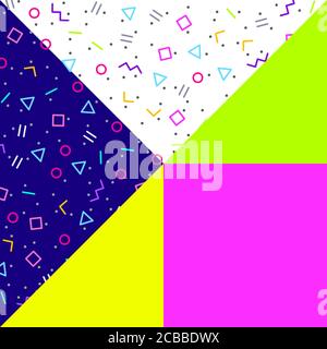 Abstrakter geometrischer Hintergrund, verschiedene geometrische Formen - Dreiecke, Kreise, Punkte, Linien. Memphis-Stil. Helle und bunte Neonfarben, funky 90er Stock Vektor