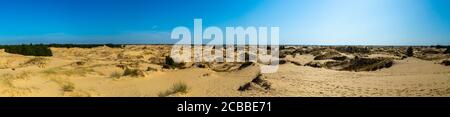 Panoramablick auf Oleschky Sands am blauen Himmel in der Cherson Region in der Ukraine, der größten Wüste Europas. Horizontale Aufnahme. Stockfoto