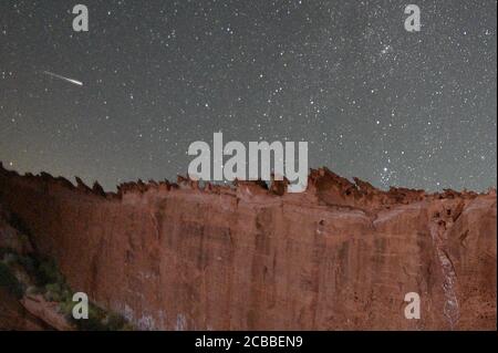 12. August 2020, Gold Butte National Monument, Nevada, USA: Ein Perseid-Meteor streifelt über den Himmel über Little Finland, einem Plateau aus rotem und orangefarbenem Sandstein, das stark zu komplexen und komplizierten Felsformationen erodiert wurde. Die jährliche Anzeige, bekannt als Perseidenschauer, weil die Meteore scheinen, aus dem Sternbild Perseus im nordöstlichen Himmel zu strahlen, ist ein Ergebnis der Erdumlaufbahn, die durch Trümmer vom Kometen Swift-Tuttle. (Bild: © David Becker/ZUMA Wire) Stockfoto