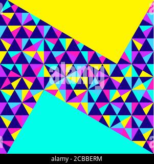 Abstrakter geometrischer Hintergrund, verschiedene geometrische Formen - Dreiecke, Kreise, Punkte, Linien. Memphis-Stil. Helle und bunte Neonfarben, funky 90er Stock Vektor