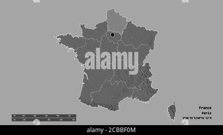 Entsättigte Form von Frankreich mit seiner Hauptstadt, Hauptregionalteilung und dem abgetrennten Hauts-de-France-Gebiet. Beschriftungen. Höhenkarte mit zwei Ebenen. 3D-Renderi Stockfoto