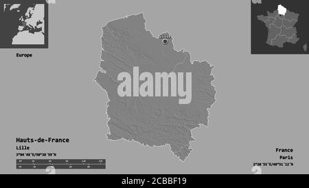 Form von Hauts-de-France, Region von Frankreich, und seine Hauptstadt. Entfernungsskala, Vorschauen und Beschriftungen. Höhenkarte mit zwei Ebenen. 3D-Rendering Stockfoto