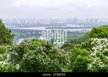 KIEW, UKRAINE - MAI 5,2019: Panoramablick auf Flieder Blumen in Hryschko National Botanical Garden am Hintergrund des Flusses Dnjepr und Vydubychi Monaster Stockfoto