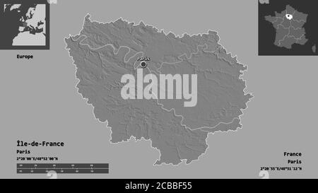 Form von Île-de-France, Region von Frankreich, und seine Hauptstadt. Entfernungsskala, Vorschauen und Beschriftungen. Höhenkarte mit zwei Ebenen. 3D-Rendering Stockfoto