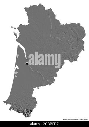 Form von Nouvelle-Aquitaine, Region von Frankreich, mit seiner Hauptstadt isoliert auf weißem Hintergrund. Höhenkarte mit zwei Ebenen. 3D-Rendering Stockfoto