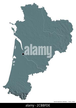Form von Nouvelle-Aquitaine, Region von Frankreich, mit seiner Hauptstadt isoliert auf weißem Hintergrund. Farbige Höhenkarte. 3D-Rendering Stockfoto