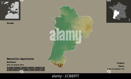 Form von Nouvelle-Aquitaine, Region von Frankreich, und seine Hauptstadt. Entfernungsskala, Vorschauen und Beschriftungen. Topografische Reliefkarte. 3D-Rendering Stockfoto