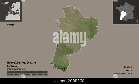 Form von Nouvelle-Aquitaine, Region von Frankreich, und seine Hauptstadt. Entfernungsskala, Vorschauen und Beschriftungen. Satellitenbilder. 3D-Rendering Stockfoto
