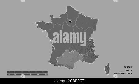 Entsättigte Form von Frankreich mit seiner Hauptstadt, der wichtigsten regionalen Teilung und der abgetrennten Okzitanien-Region. Beschriftungen. Höhenkarte mit zwei Ebenen. 3D-Rendering Stockfoto