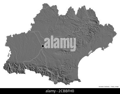 Form von Okzitanien, Region von Frankreich, mit seiner Hauptstadt isoliert auf weißem Hintergrund. Höhenkarte mit zwei Ebenen. 3D-Rendering Stockfoto