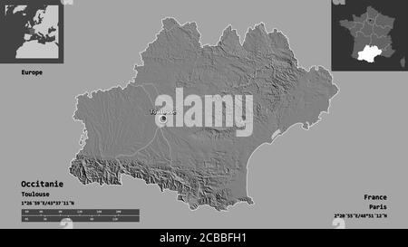 Form von Okzitanien, Region von Frankreich, und seine Hauptstadt. Entfernungsskala, Vorschauen und Beschriftungen. Höhenkarte mit zwei Ebenen. 3D-Rendering Stockfoto